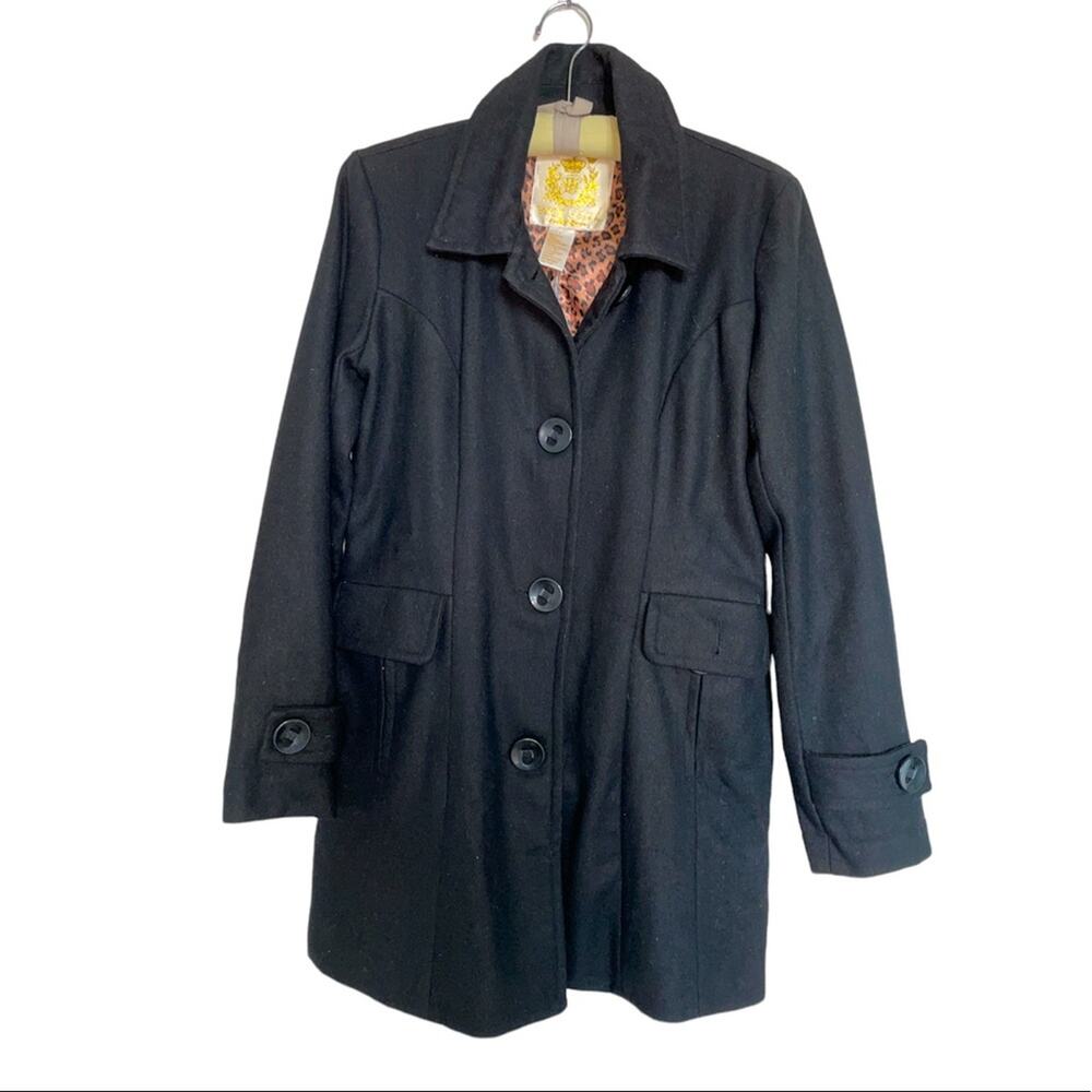 Wet Seal Black Vintage Wool Blend Peacoat with leopard lining size Large